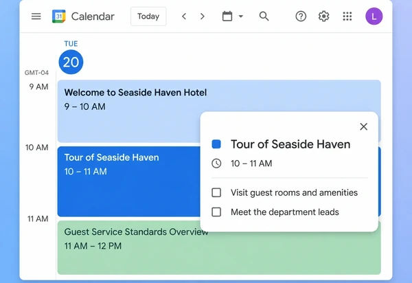 A Google Calendar day showing three hotel onboarding steps with one event card opened