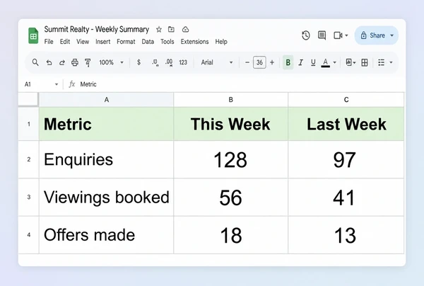 A Google Sheets weekly summary for an estate agency with three rows compared week on week