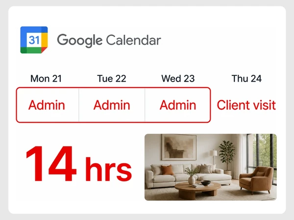 Atelier Nove Interiors' Google Calendar shows three Admin blocks totaling 14 hours beside one client visit.