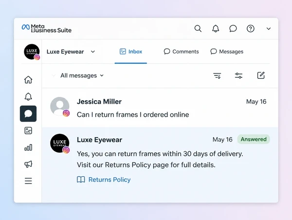 A Meta Business Suite inbox answering a returns question and naming the policy page used