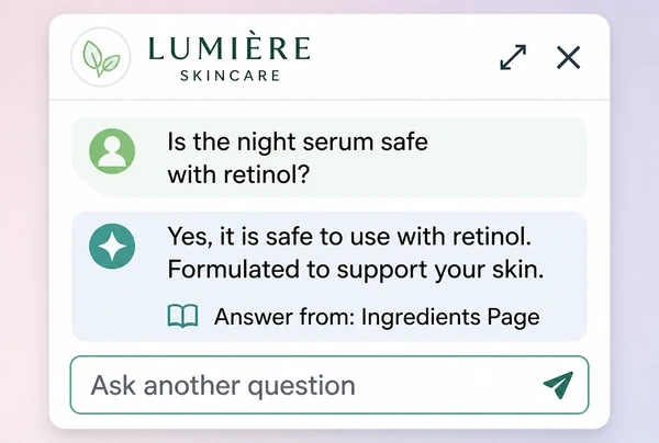 A skincare website chat panel answering an ingredient question and naming the page it came from