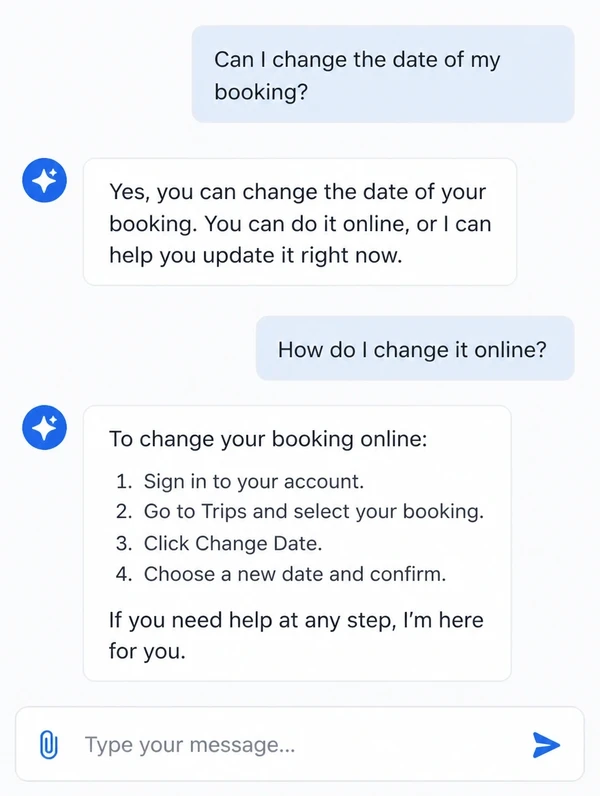 Website chat assistant answering a customer question about booking