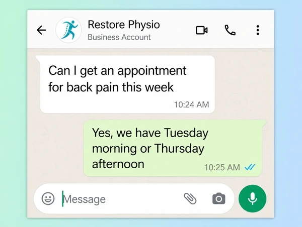 A WhatsApp Business chat where a back pain enquiry is answered one minute later