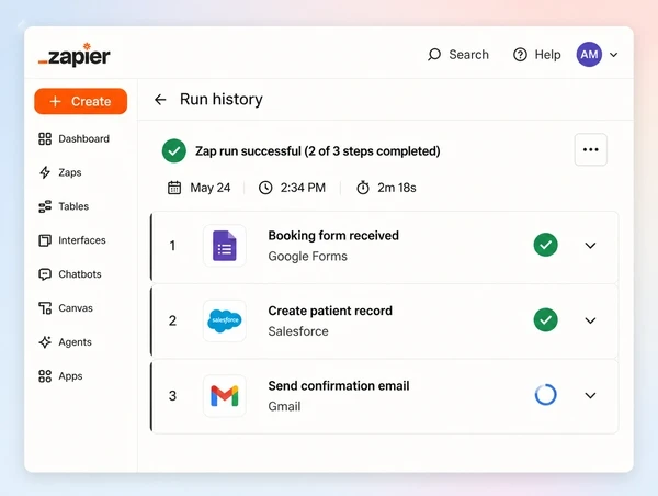 A Zapier run history with three booking steps, two finished and one still running