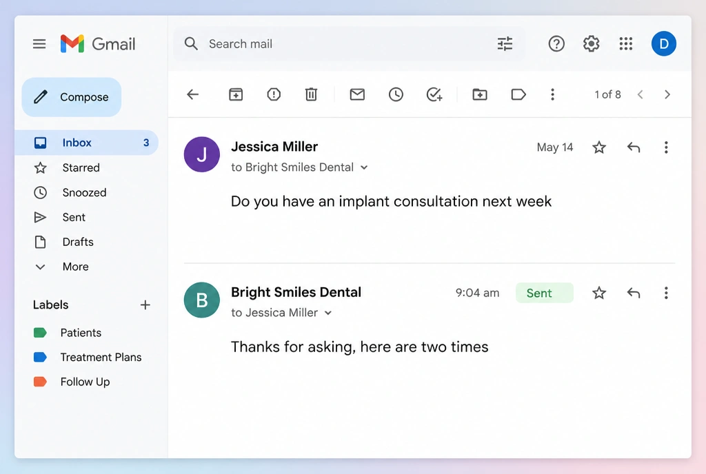 A Gmail thread where a dental implant enquiry already has a sent reply underneath it