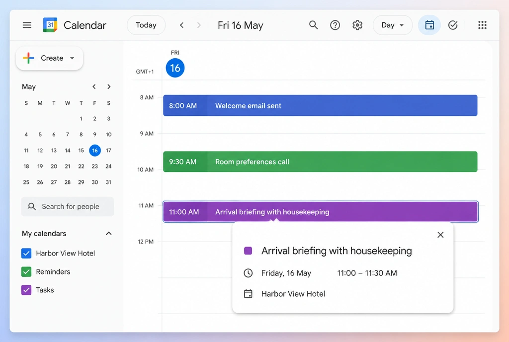 A Google Calendar day showing three hotel onboarding steps with one event card opened