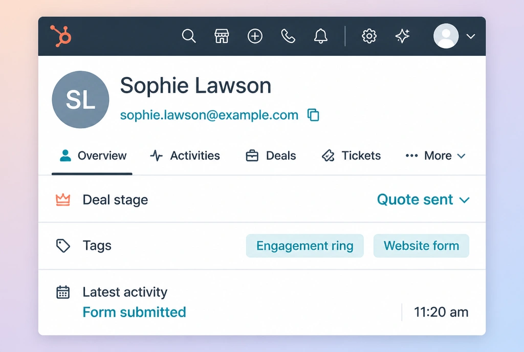 A HubSpot contact record for a jewellery enquiry showing its stage, two tags and one activity line