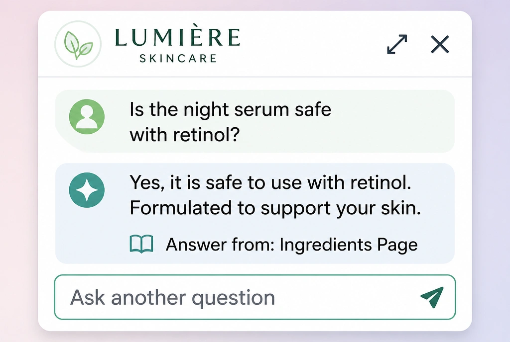 A skincare website chat panel answering an ingredient question and naming the page it came from