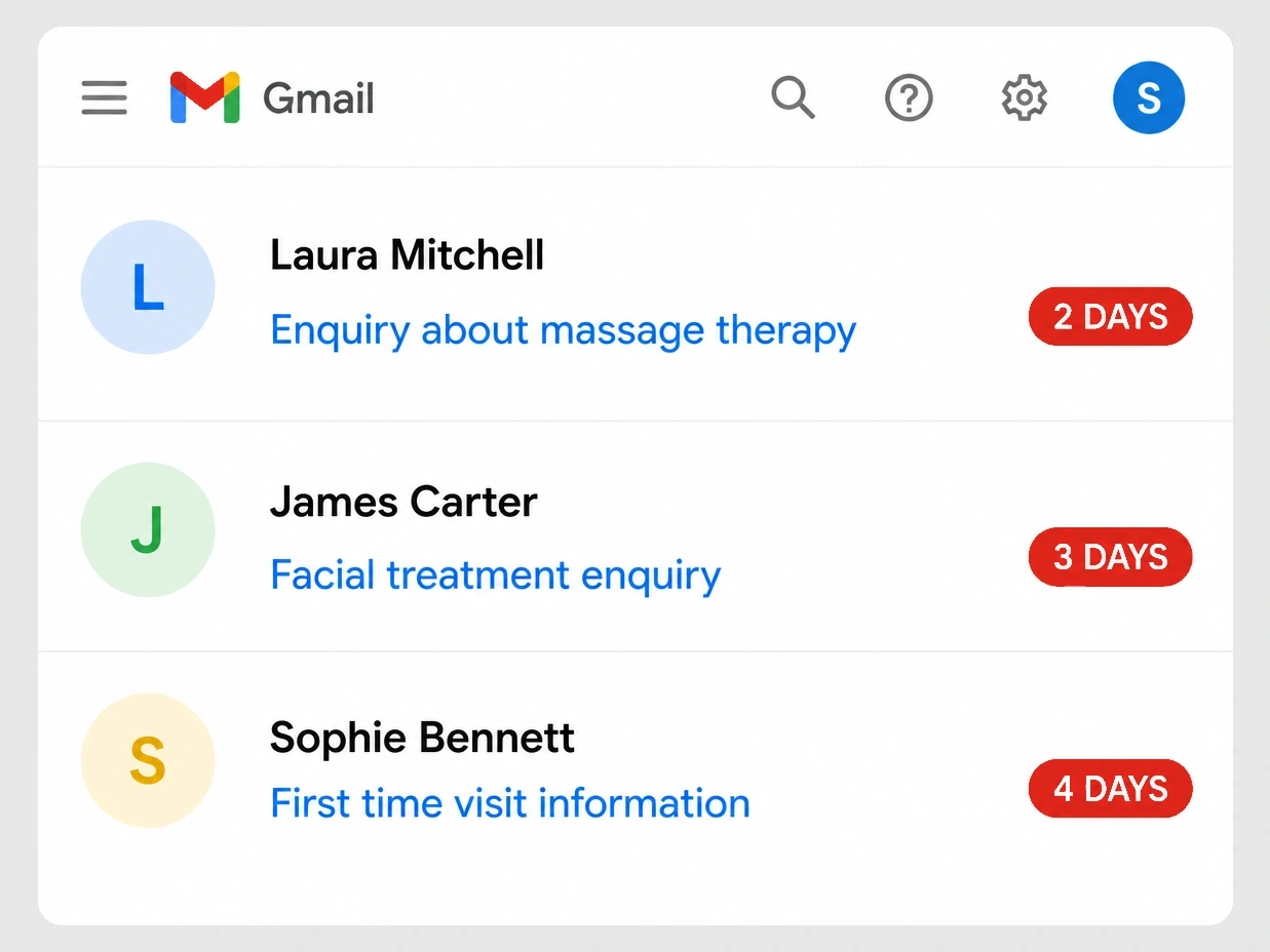 Three unread day spa enquiries waiting two, three and four days for a reply