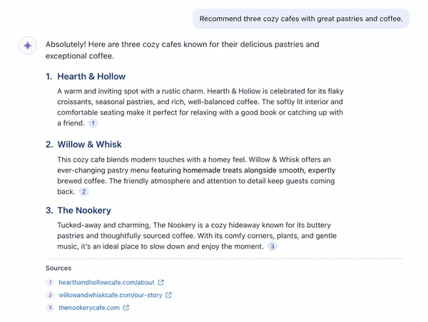 AI assistant answer recommending three cafes with cited sources