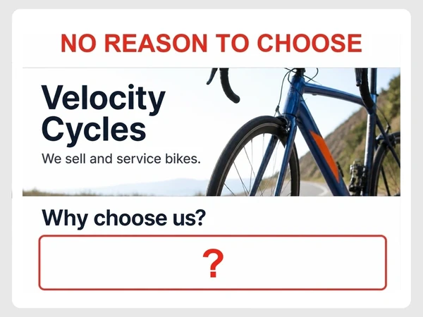 Velocity Cycles says We sell and service bikes beside a red question mark in the Why choose us box marked No Reason to Choose.