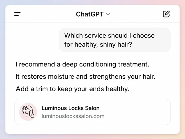 A ChatGPT answer about a hair salon service citing the business as its source