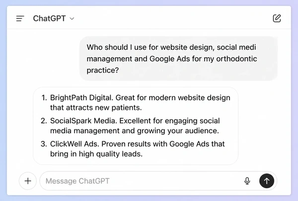 A ChatGPT answer naming three businesses in reply to a question about an orthodontic practice service
