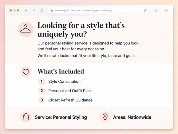 A fashion boutique service page answering two customer questions in plain headings and short text