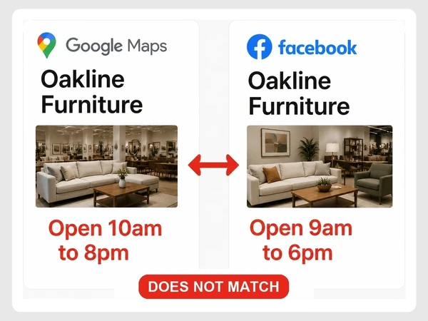 Oakline Furniture lists 10am to 8pm on Google Maps and 9am to 6pm on Facebook, marked Does Not Match
