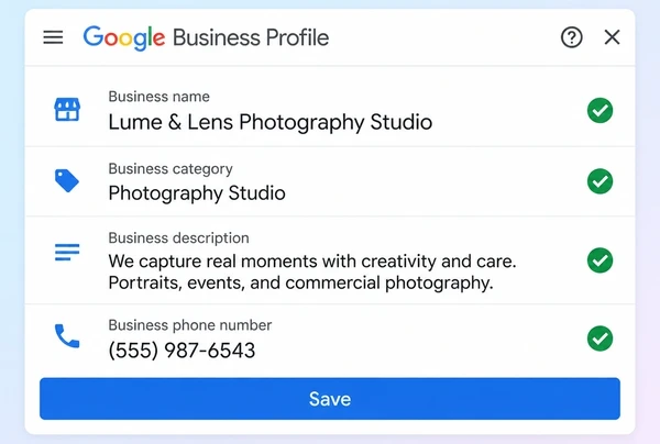 A Google Business Profile information screen for a photography studio with four matched, ticked fields