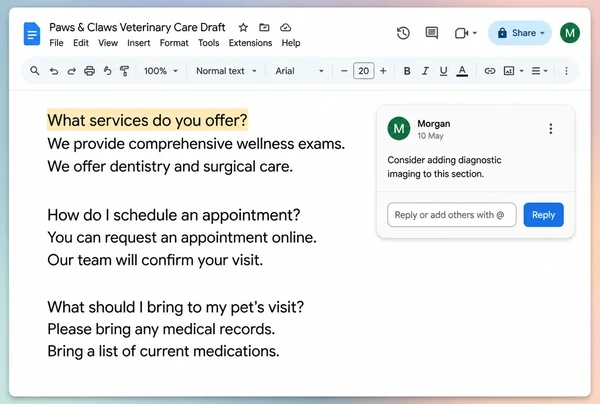 A Google Docs draft for a veterinary practice with three question headings and a short answer under each