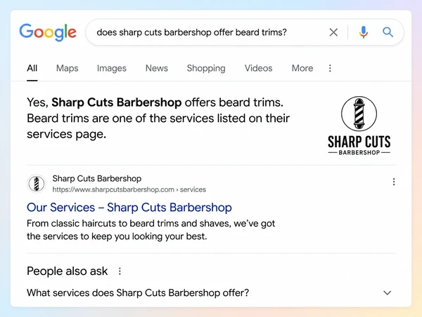 A Google results page where a generated answer about a barber shop service names the business