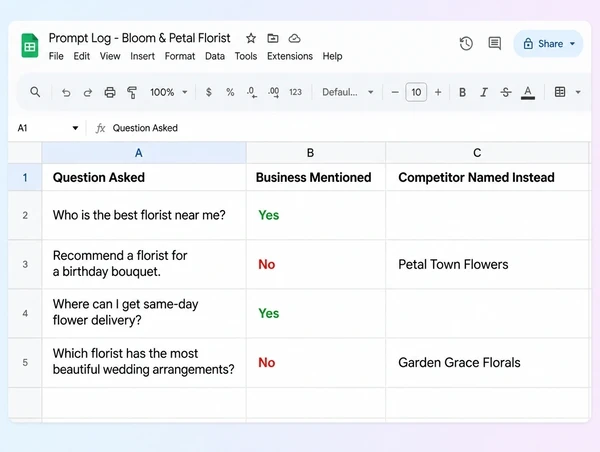 A Google Sheets prompt log for a florist showing which questions mentioned the business