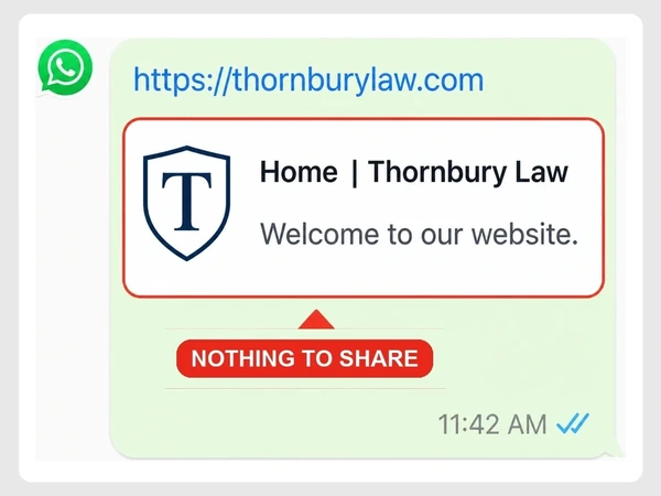 Thornbury Law's WhatsApp preview shows only Home | Thornbury Law and Welcome to our website, tagged Nothing to Share