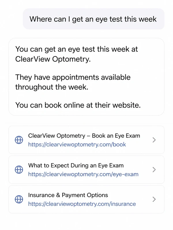 A phone showing an AI answer that recommends an optometry practice, with its three sources