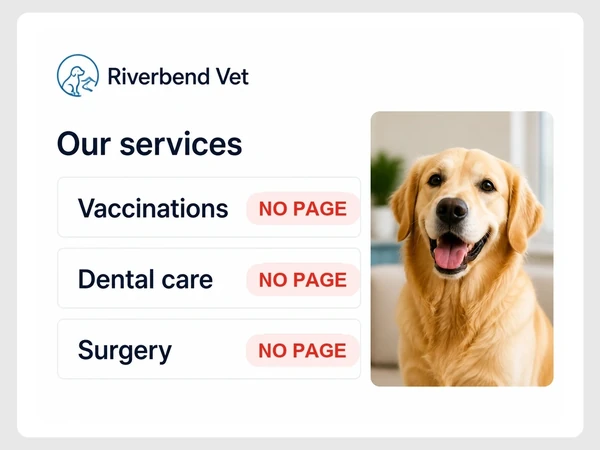 Riverbend Vet lists Vaccinations, Dental care and Surgery, each marked No Page