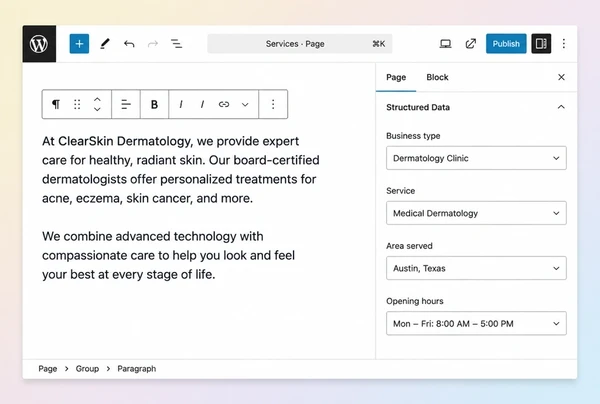 A WordPress editor for a dermatology clinic page with four structured data fields filled in