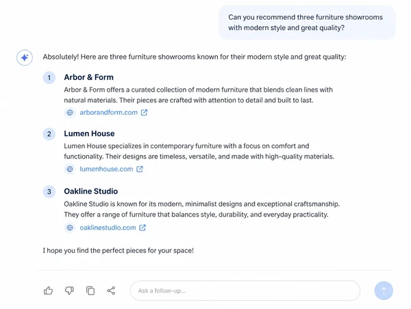 AI assistant answer recommending three furniture showrooms with cited sources