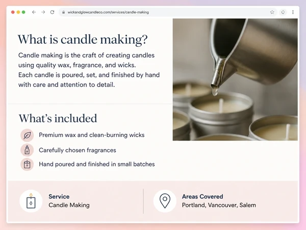 A candle maker service page answering two customer questions in plain headings and short text