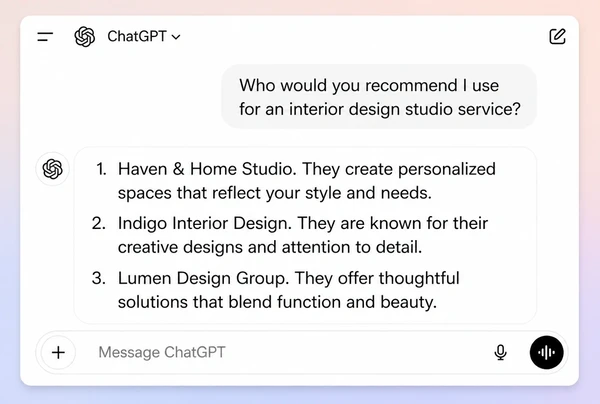 A ChatGPT answer naming three businesses in reply to a question about an interior design studio service
