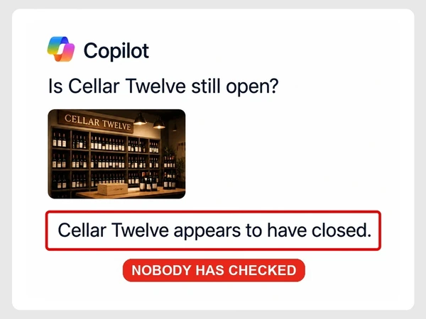 Copilot says Cellar Twelve appears to have closed beneath a wine shop photograph, tagged Nobody Has Checked