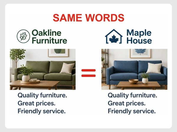 Oakline Furniture and Maple House display identical copy beside their sofa photographs beneath a Same Words heading