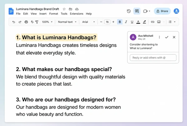 A Google Docs draft for a handbag brand with three question headings and a short answer under each