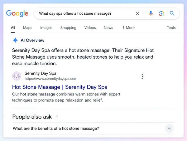 A Google results page where a generated answer about a day spa service names the business