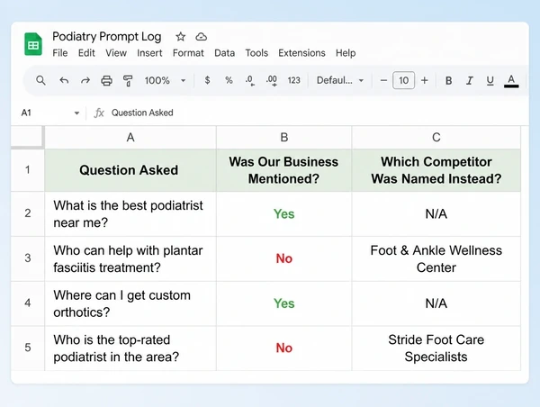 A Google Sheets prompt log for a podiatry practice showing which questions mentioned the business
