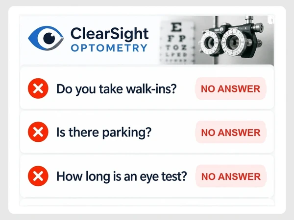 ClearSight Optometry marks questions about walk-ins, parking and eye test length with No Answer