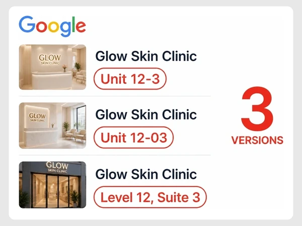 Glow Skin Clinic appears as Unit 12-3, Unit 12-03 and Level 12, Suite 3 across three Google results