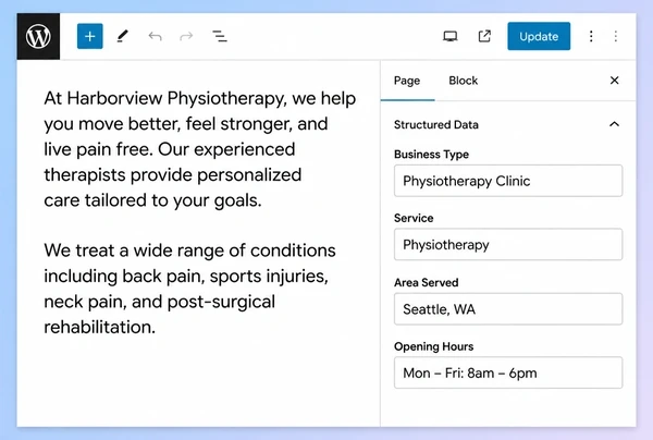 A WordPress editor for a physiotherapy practice page with four structured data fields filled in