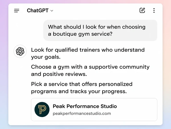 A ChatGPT answer about a boutique gym service citing the business as its source