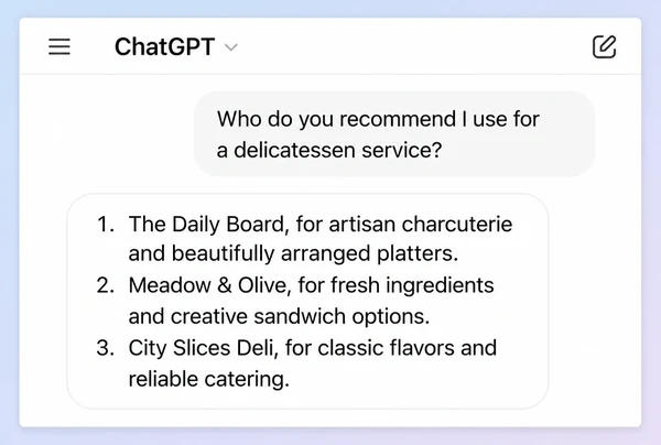 A ChatGPT answer naming three businesses in reply to a question about a delicatessen service