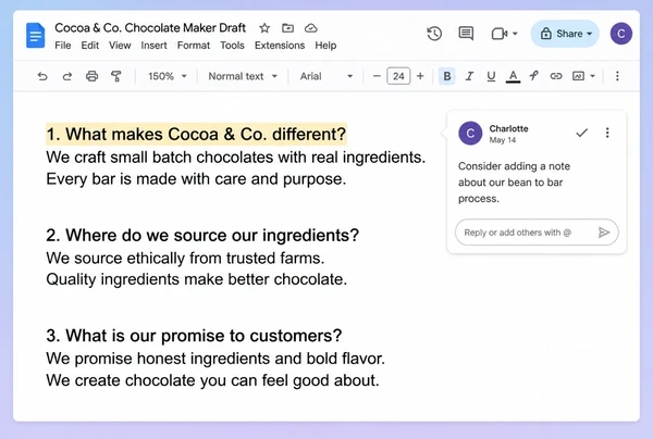 A Google Docs draft for a chocolate maker with three question headings and a short answer under each
