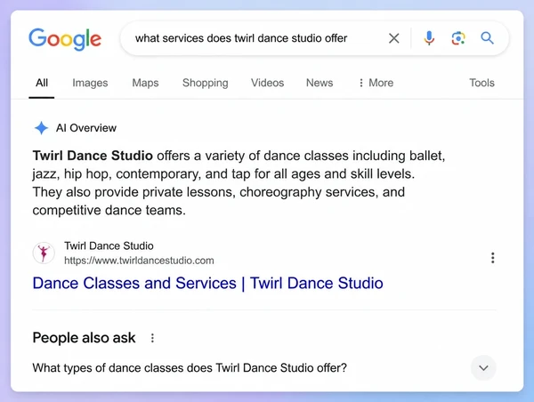 A Google results page where a generated answer about a dance studio service names the business