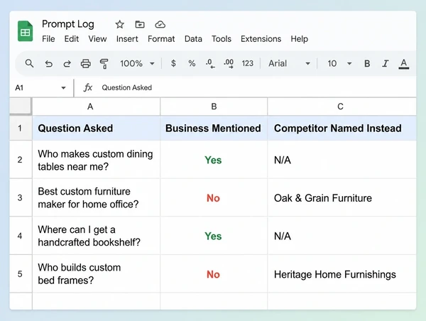 A Google Sheets prompt log for a furniture maker showing which questions mentioned the business