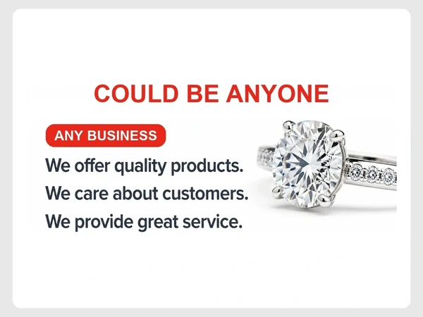 A jewelry page labeled Any Business claims quality products, customer care and great service beside a diamond ring
