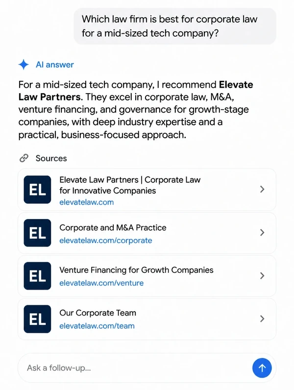 Mobile AI search answer recommending a corporate law firm with its sources