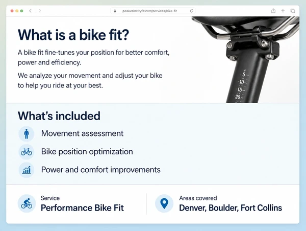 A performance cycling service page answering two customer questions in plain headings and short text