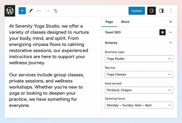 A WordPress editor for a yoga studio page with four structured data fields filled in