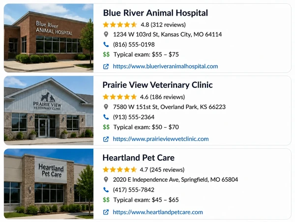 An assistant answer recommending three veterinary clinics, each with a cited source link underneath.