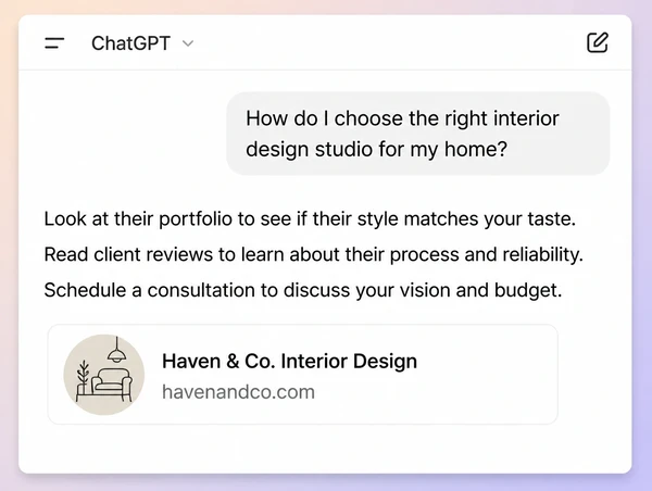A ChatGPT answer about an interior design studio service citing the business as its source