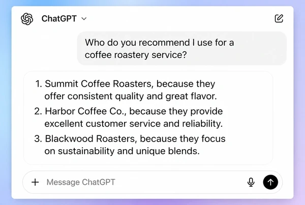 A ChatGPT answer naming three businesses in reply to a question about a coffee roastery service